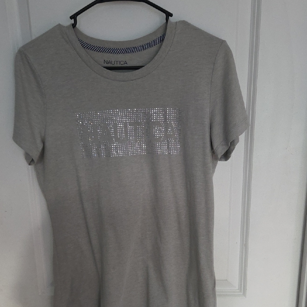 Nautica Light Gray Short Sleeve Tee with Silver Rhinestone Logo